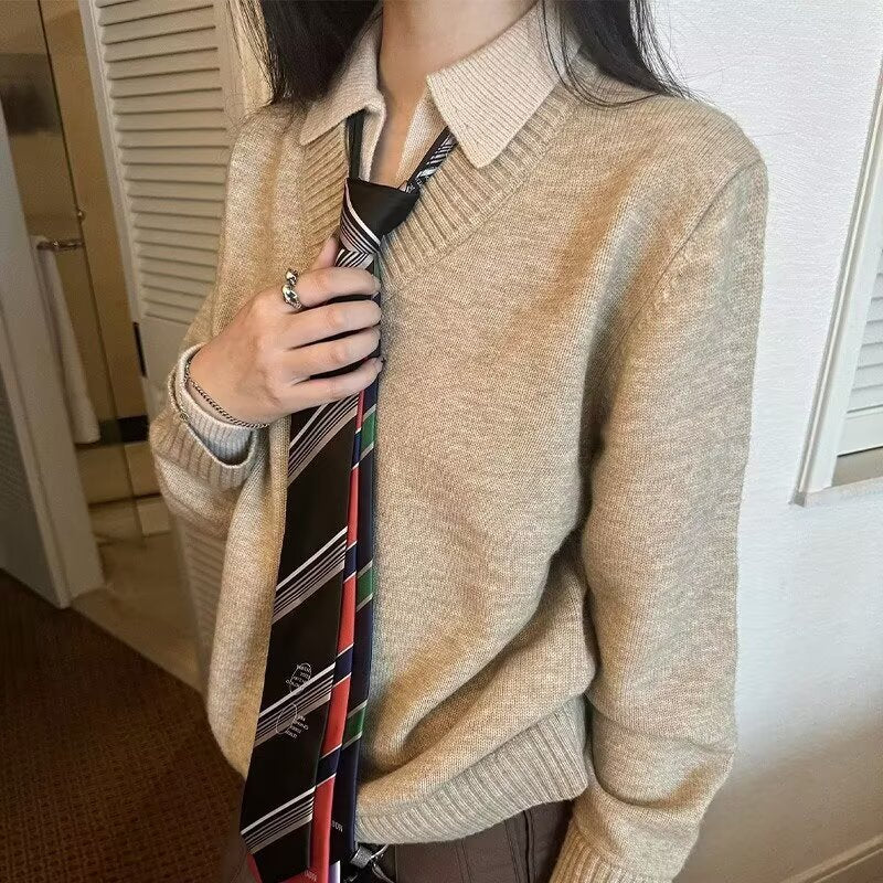 Men's V-Neck Fake Two-Piece Knitted Sweater Slim Fit Long Sleeve Pullover