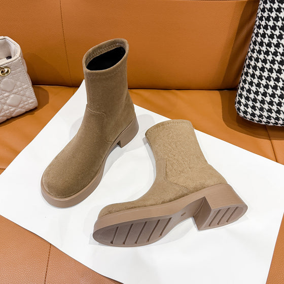 Women's Suede Ankle Boots Retro Round Toe Chunky Heel Riding Boots