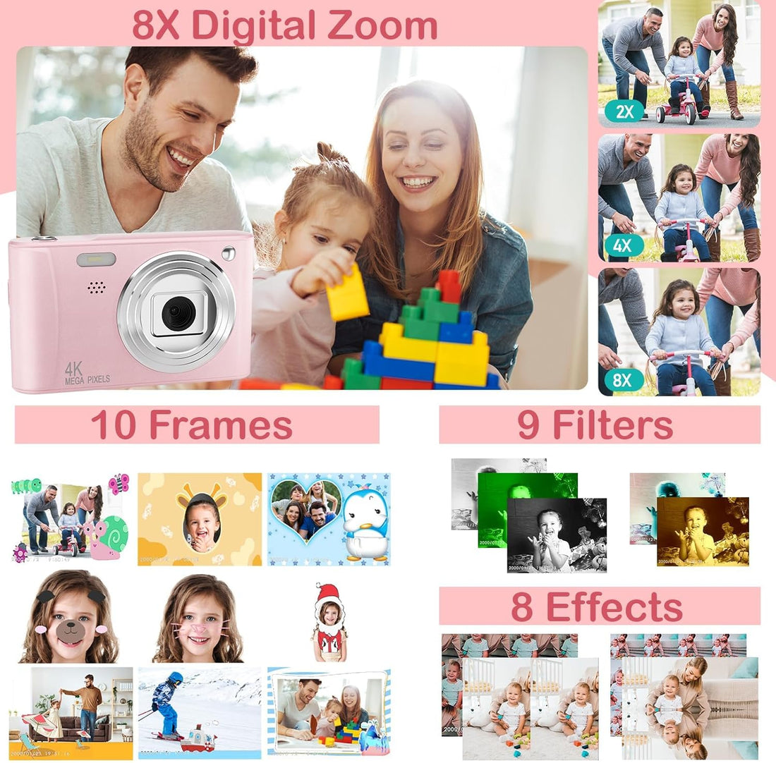 Kids camera features: 8x digital zoom, 10 frames, 9 filters and 8 effects