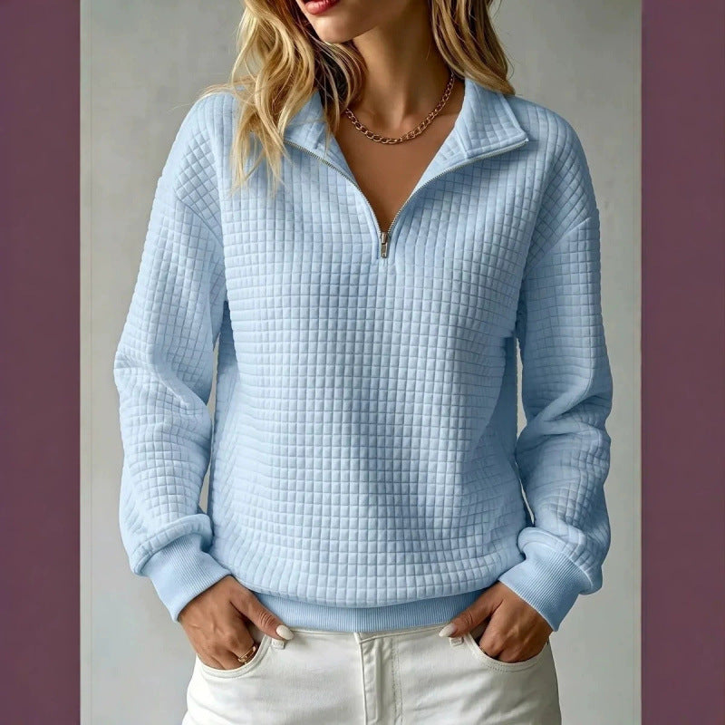 Women's Solid Color Waffle Knit Stand Collar Zipper Long Sleeve Loose Sweatshirt