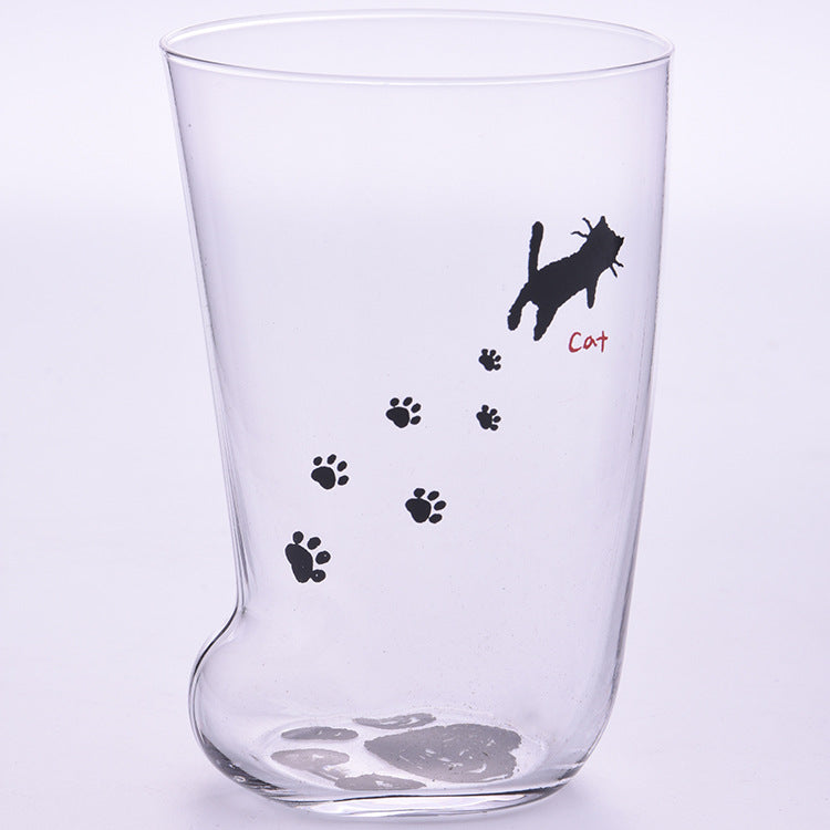 Clear cat paw glass mug with black paw prints and cat silhouette, Cat style