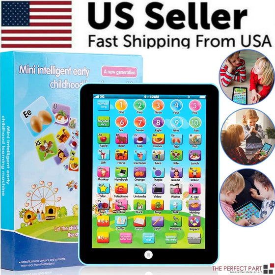 Mini kids learning tablet with blue trim beside its retail box and photos of kids playing
