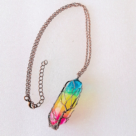 Rainbow crystal pendant on a copper-tone chain
