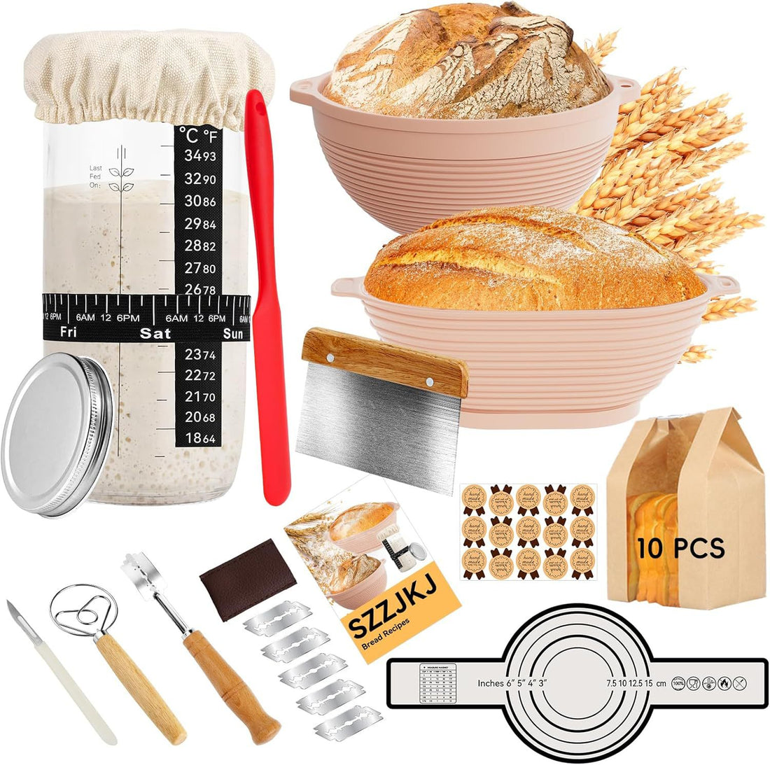 Silicone Bread Fermentation Basket Set, Household Baking Tools Including Scraper, Brush, Dough Beater, Fermentation Jar, Mold