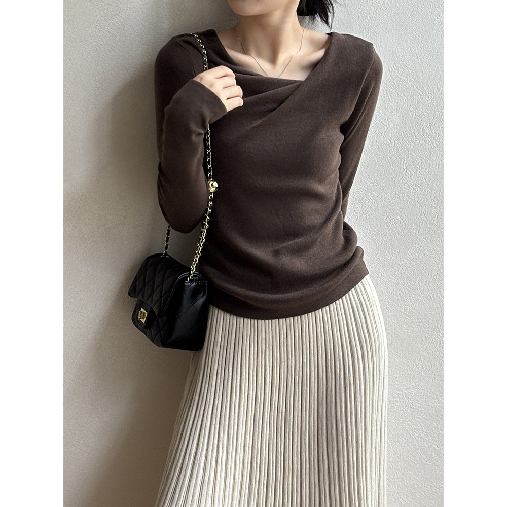 Women's Autumn Slanted Collar Slim Fit Long Sleeve Knit Top