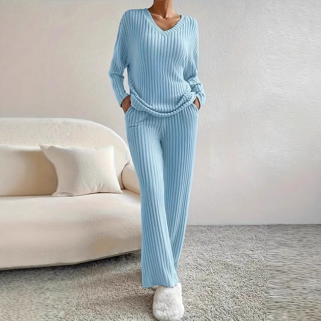 Home Casual Straight Pants Elegant Loose V-neck Pit Two-piece Set