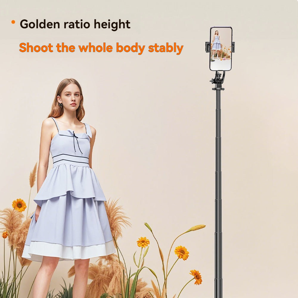 Selfie stick tripod freestanding with phone mounted