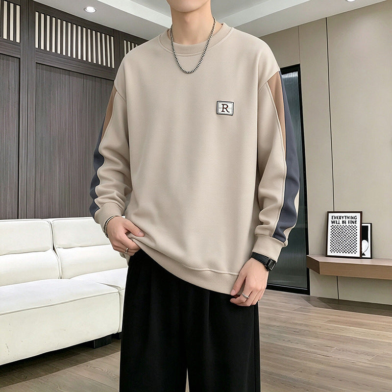 Men's Casual Patchwork Letter Embroidery Round Neck Loose Pullover Sweatshirt
