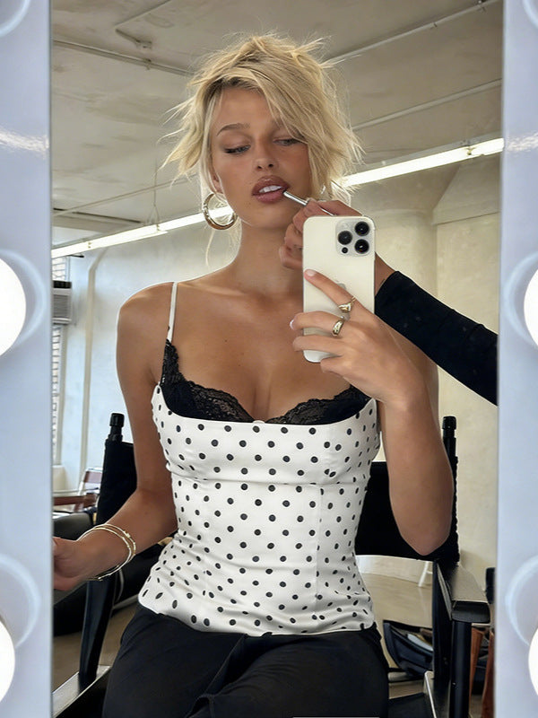 White polka dot camisole top with lace trim and thin straps, photo 3