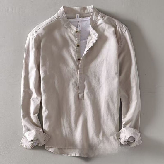 Men's Cotton Linen Stand-Up Collar Long-Sleeve Pullover Shirt Solid Casual Retro Top