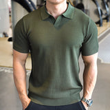 Mens Ice Silk Seagull Collar V-Neck Polo Shirt