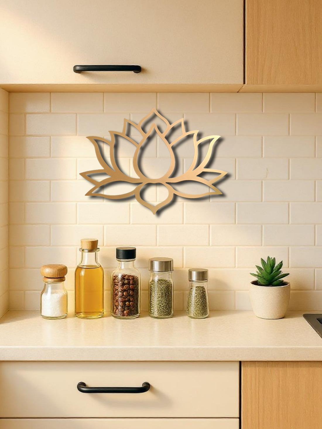 Lotus metal wall art shown in a bedroom