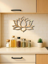 Lotus metal wall art shown in a bedroom