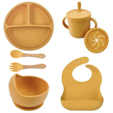 Food Grade Silicone Child Dish Set Baby Feeding Bowl Suction Plate Straw Cup Wooden Spoon Fork for Kids Tableware Toddler Dishes