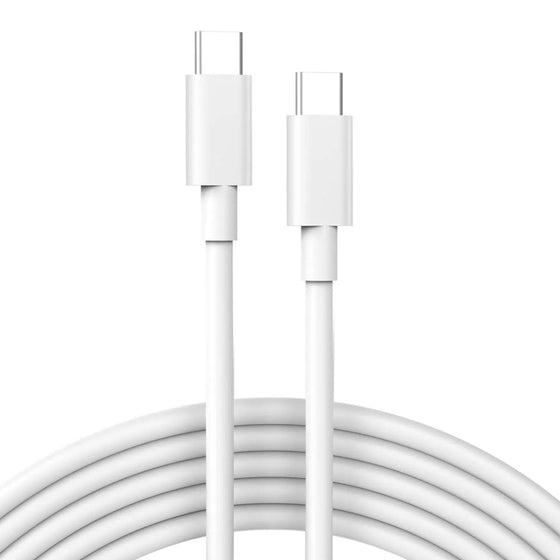 White USB-C to USB-C cable coiled on a white background