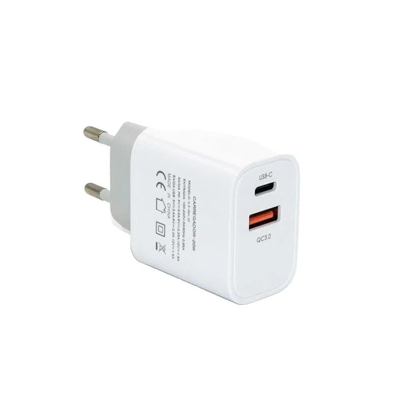 20W PD Dual Port USB-C USB-A QC3.0 Fast Charger EU Plug White