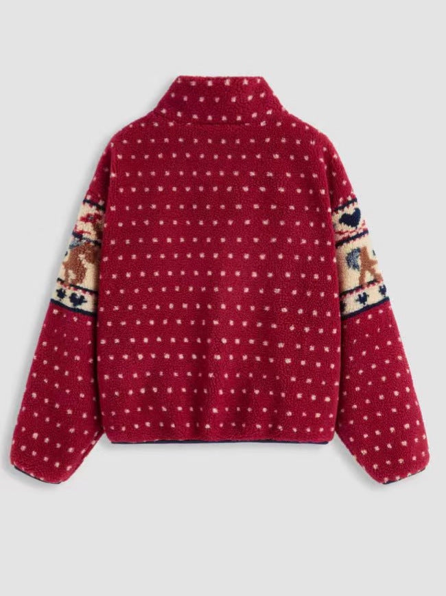 Women's Christmas Snowflake Moose Zipper Long-Sleeve Woolen Coat