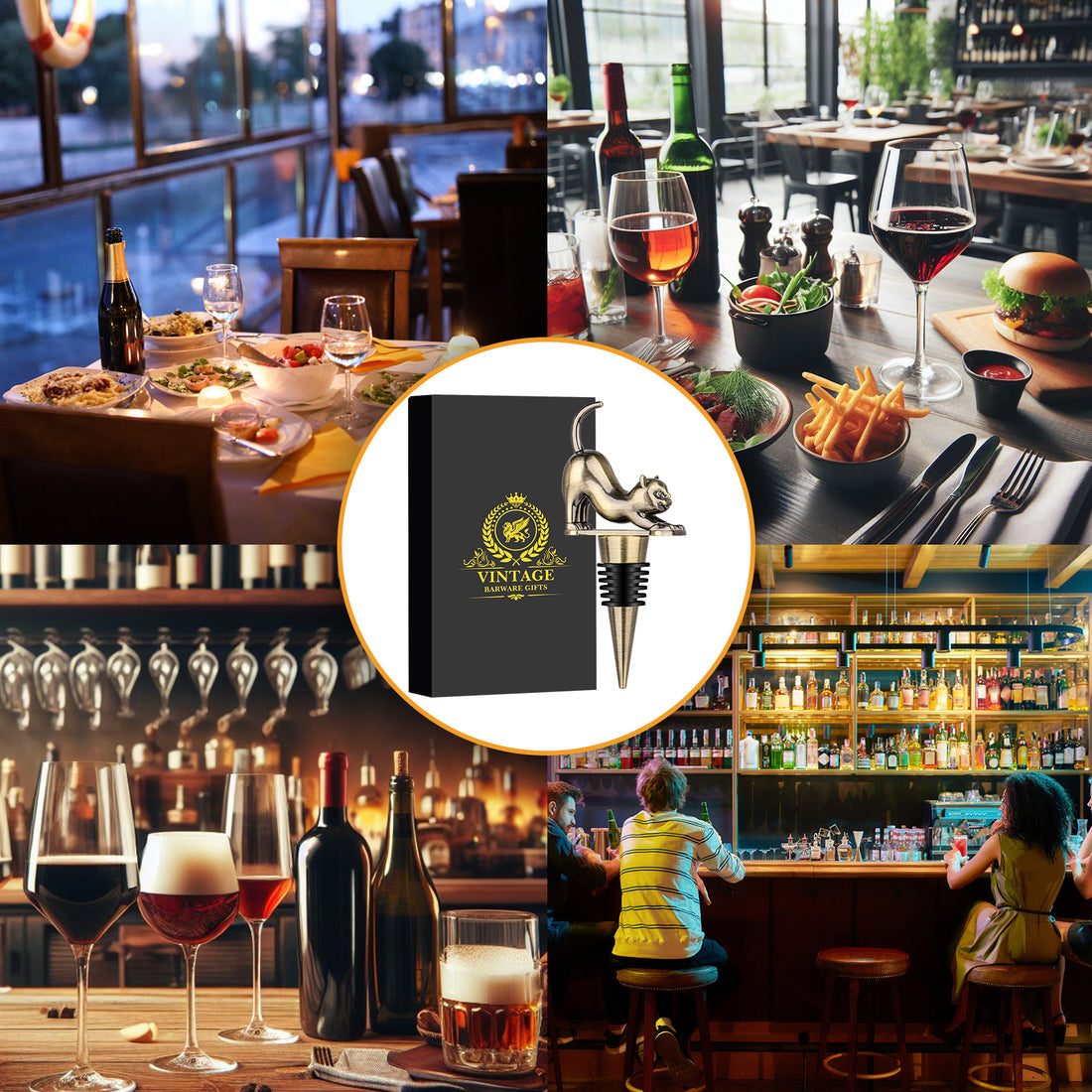 Cat wine stopper gift box shown in a busy restaurant bar scene
