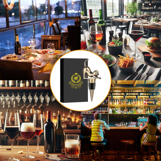 Cat wine stopper gift box shown in a busy restaurant bar scene