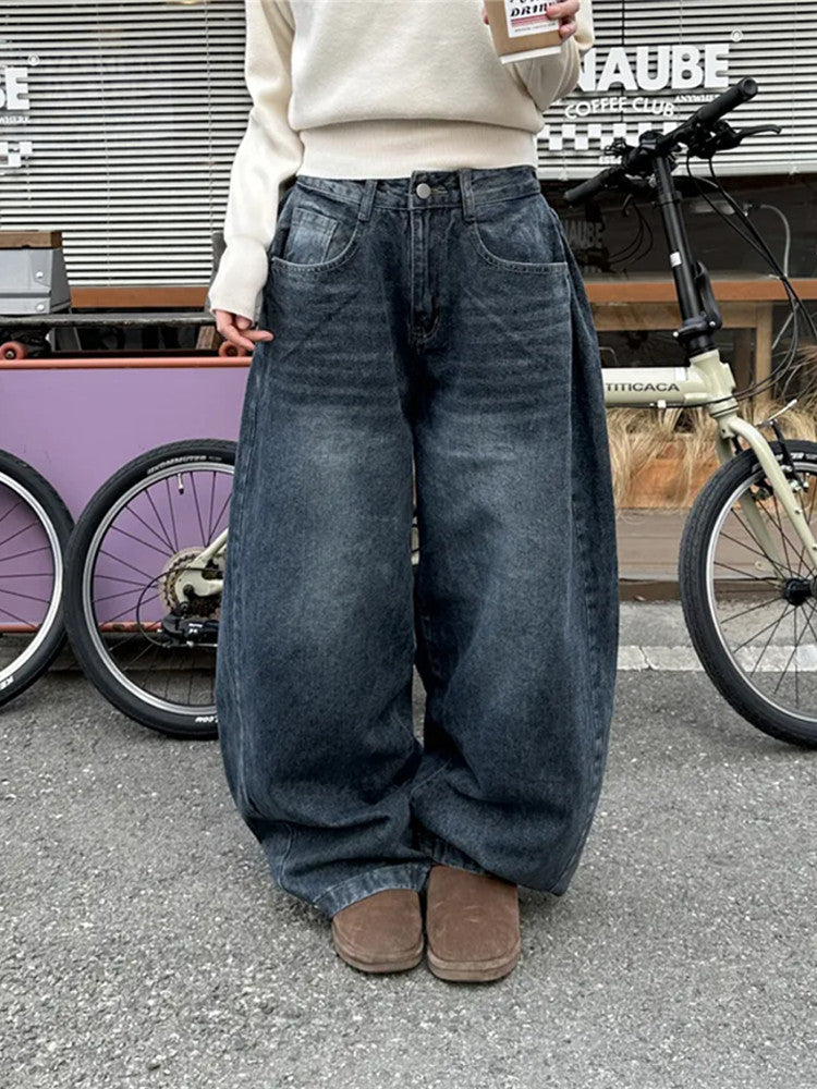 Women?s Retro Washed Wide-Leg Buttoned Hem Denim Jeans