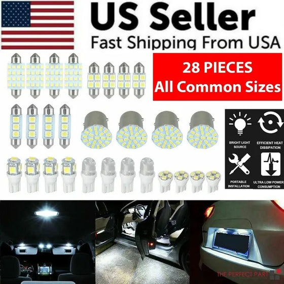 28-piece LED car interior bulb kit with lit car interior photos