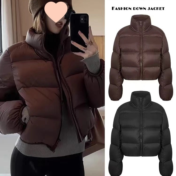 Womens Short Stand Collar Cotton Padded Jacket Wool Fur Fill