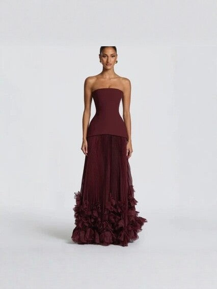 Strapless Petal Embellished Long Evening Dress with Train