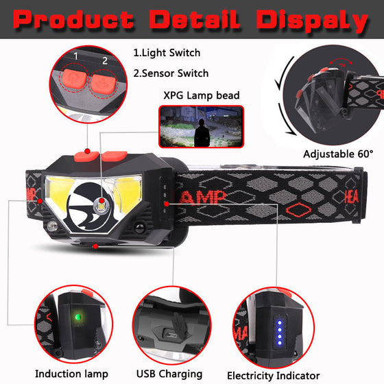 LED Sensor Headlight USB Rechargeable Waterproof Outdoor Lighting & Tools product image 1