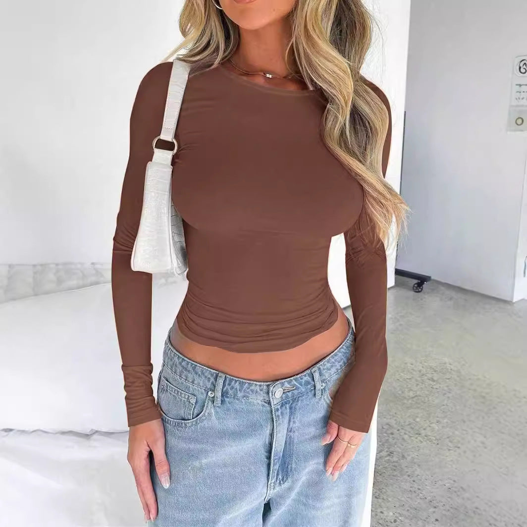 Women's Slim Fit Long Sleeve Solid Color Crewneck T-Shirt