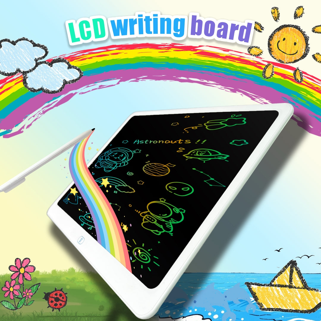 LCD writing board with a colorful astronaut drawing and a rainbow