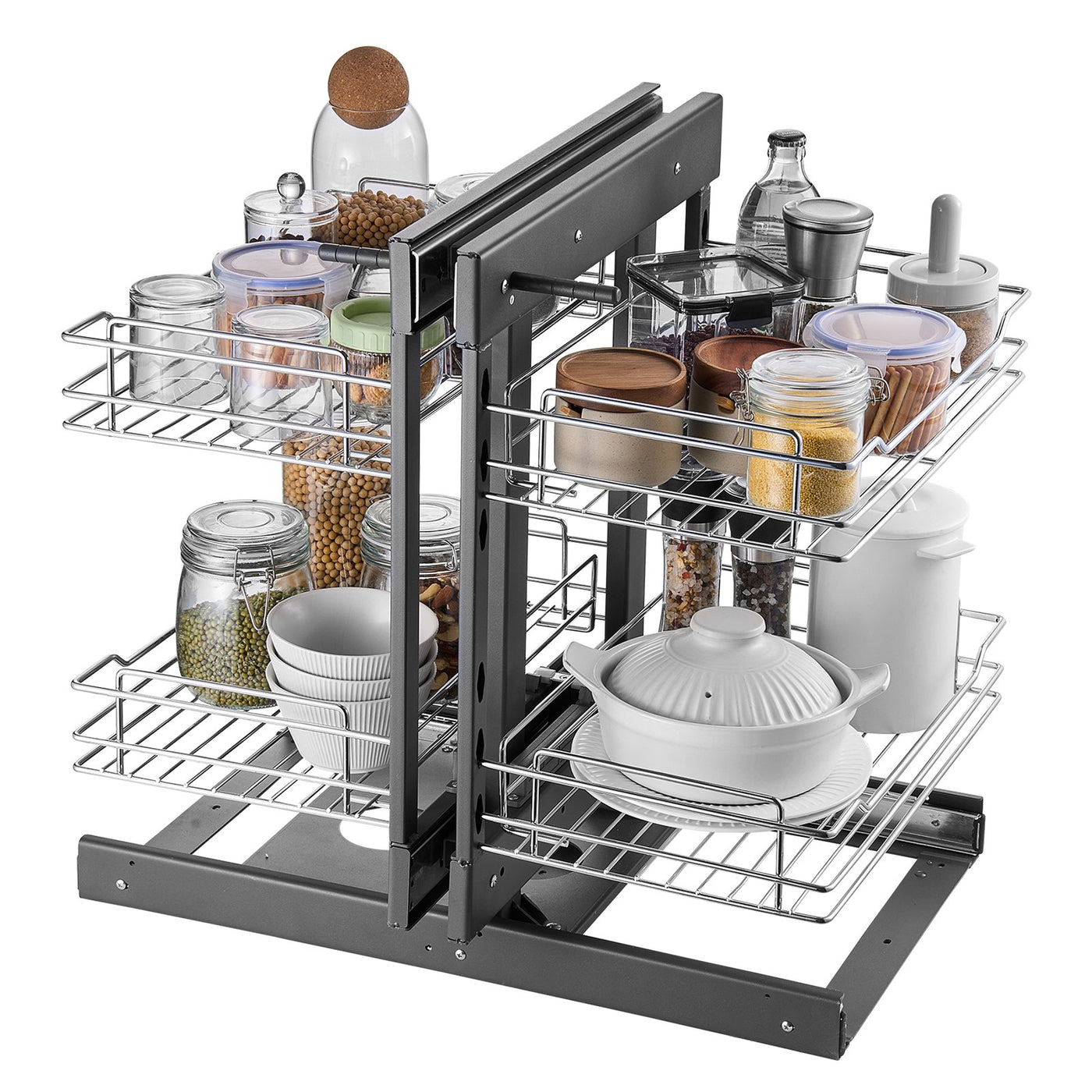 Chrome blind corner pull-out organizer, front view