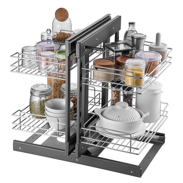 Chrome blind corner pull-out organizer, front view