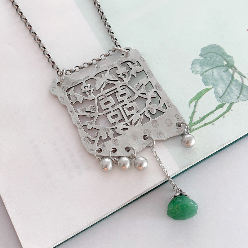 925 Silver Plated Double Happiness Pendant Tassel Long Sweater Chain