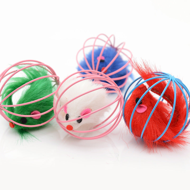 Interactive wire cage mouse cat toy, full product view