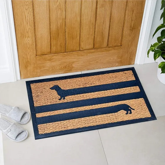 Dachshund striped coir doormat in front of a wooden door