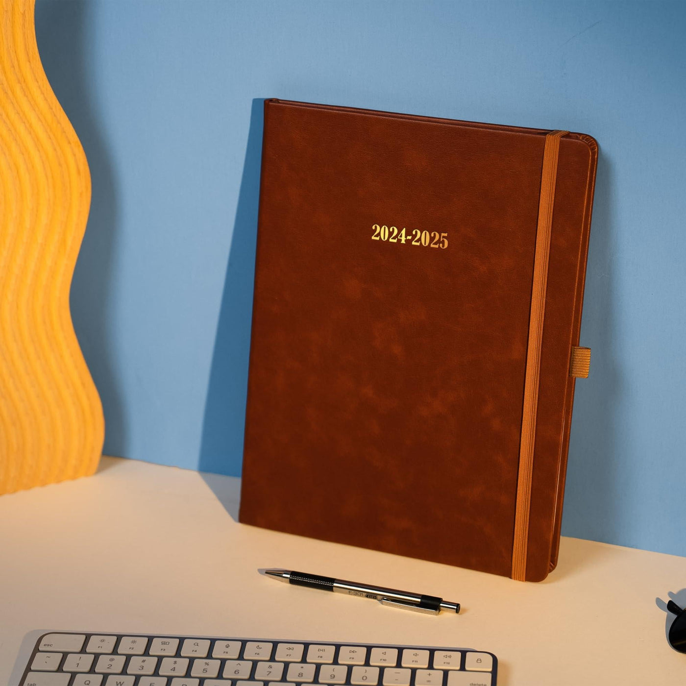 Hardcover leather planner, bookmark ribbon and pen holder