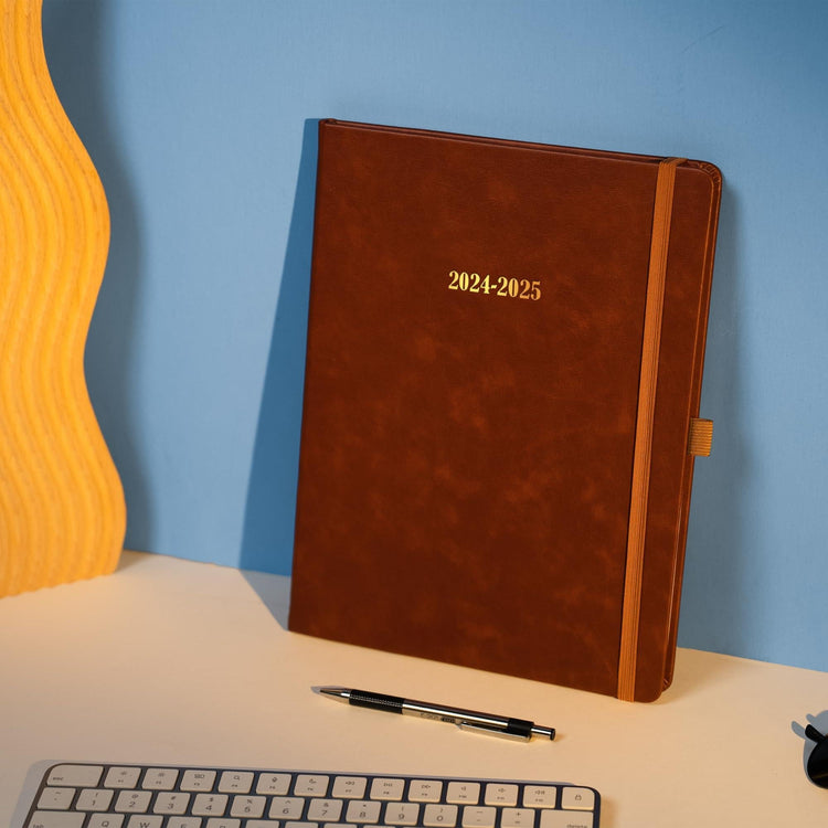 Hardcover leather planner, bookmark ribbon and pen holder