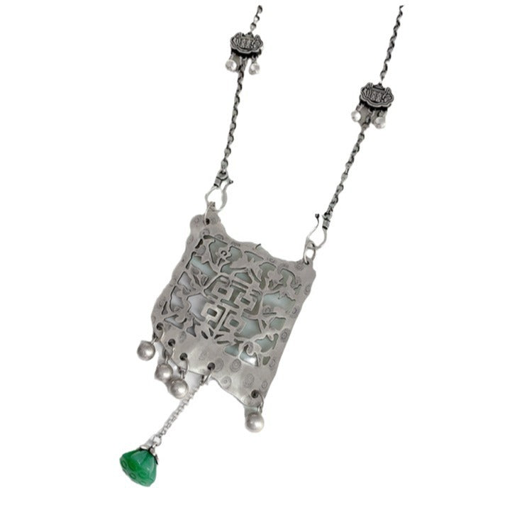 925 Silver Plated Double Happiness Pendant Tassel Long Sweater Chain