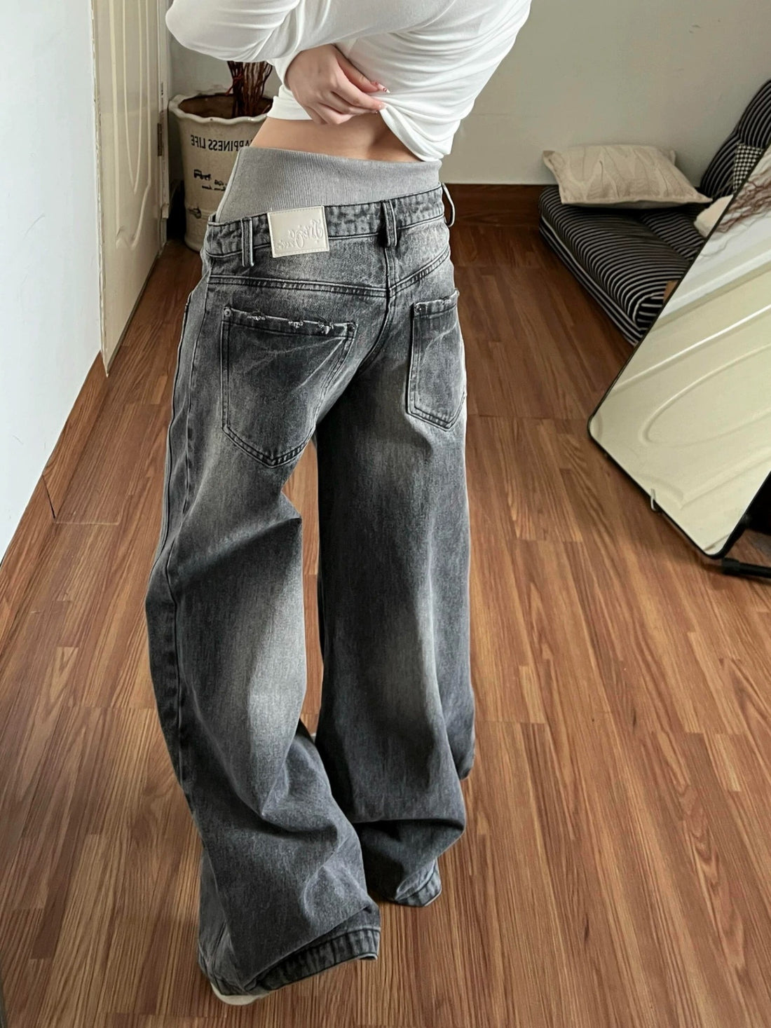 Vintage Washed Double-Waistband Wide-Leg Women's Jeans
