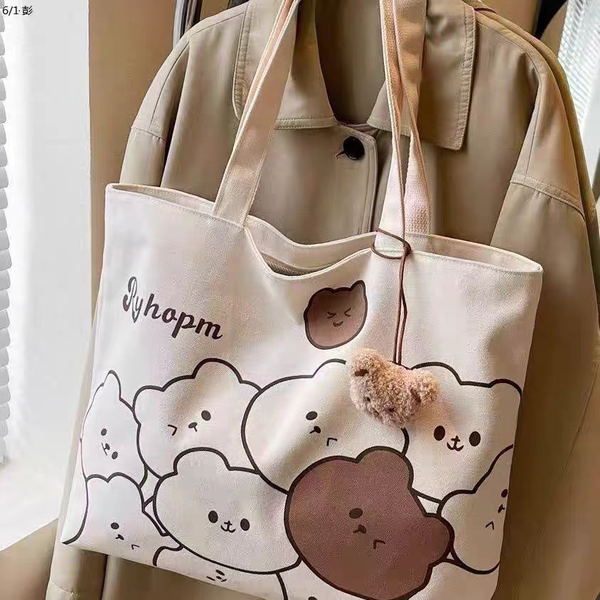 Casual Large Capacity Cartoon Bear Canvas Shoulder Tote Bag