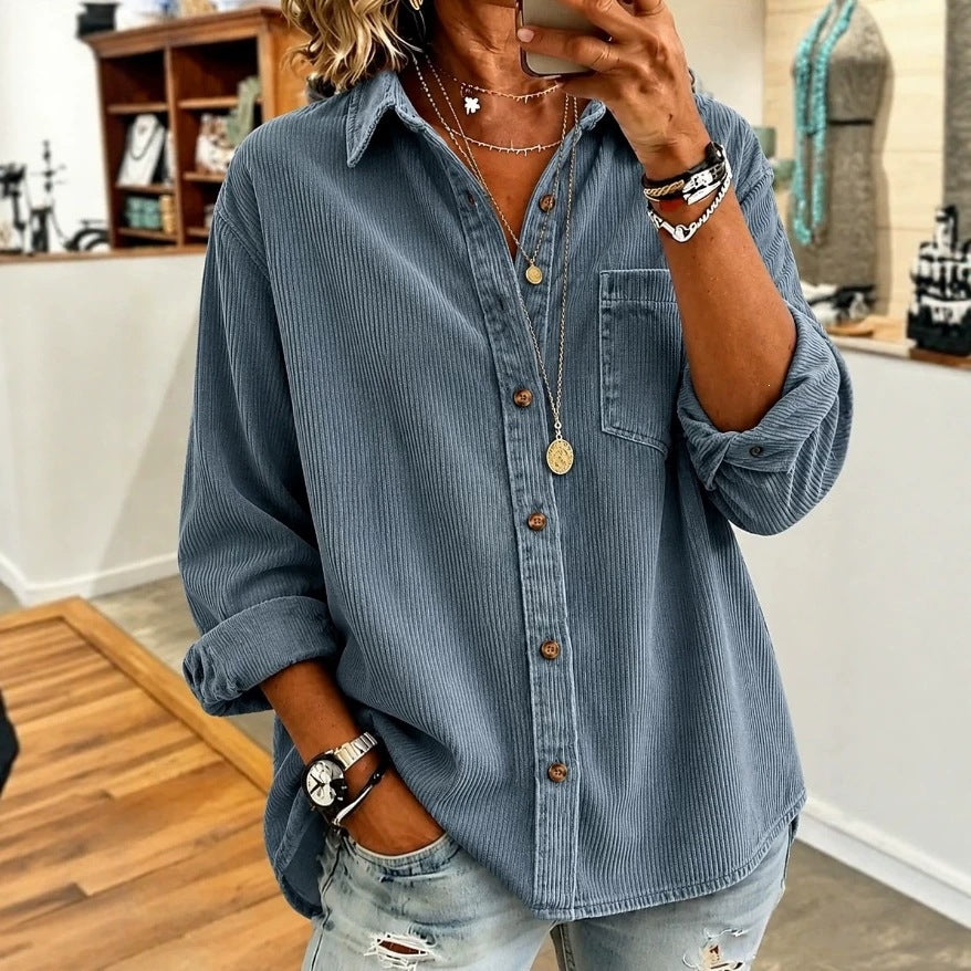 Loose-fit corduroy button-front shirt with turn-down collar, photo 3