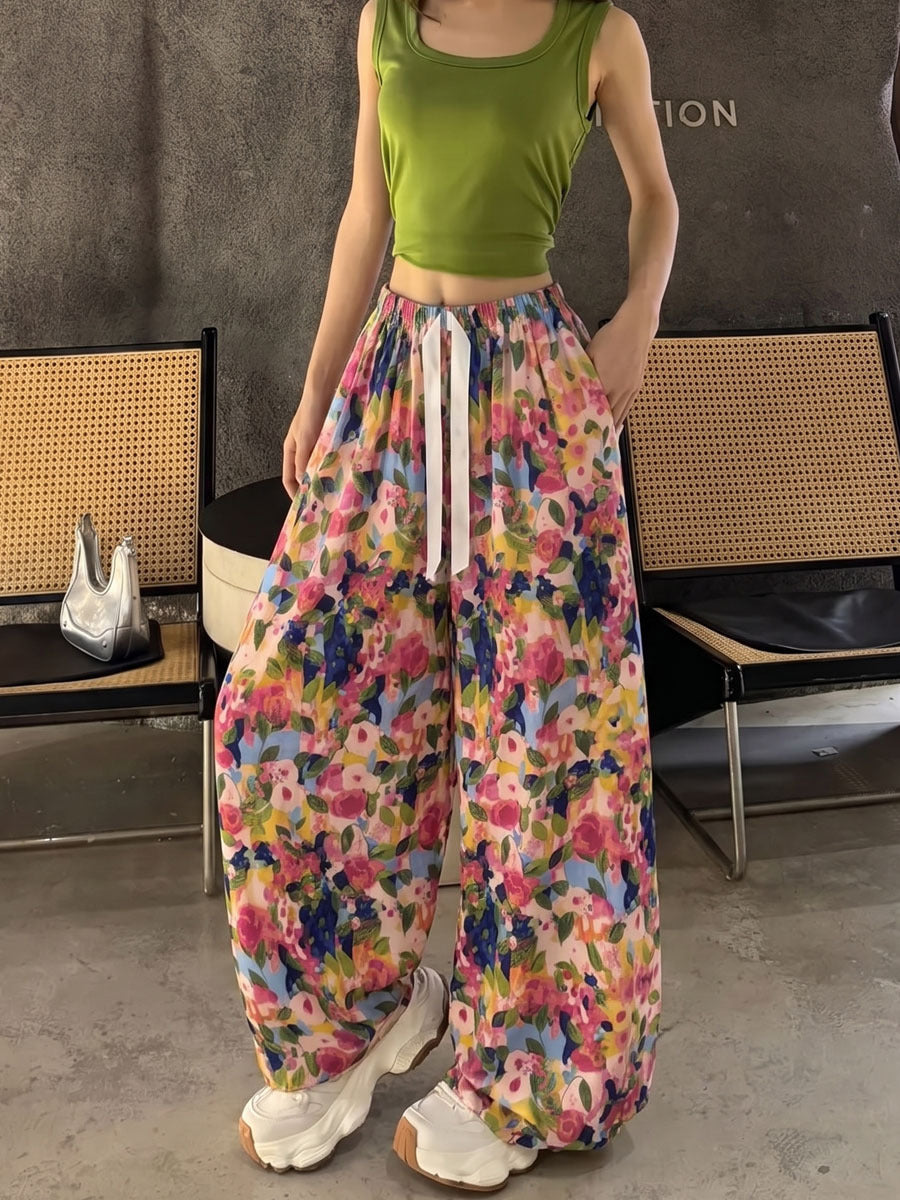Women's artistic print wide-leg casual pants with elastic waist, photo 1
