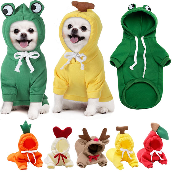Collage of dog hoodie styles including green frog, yellow banana, carrot, heart and reindeer