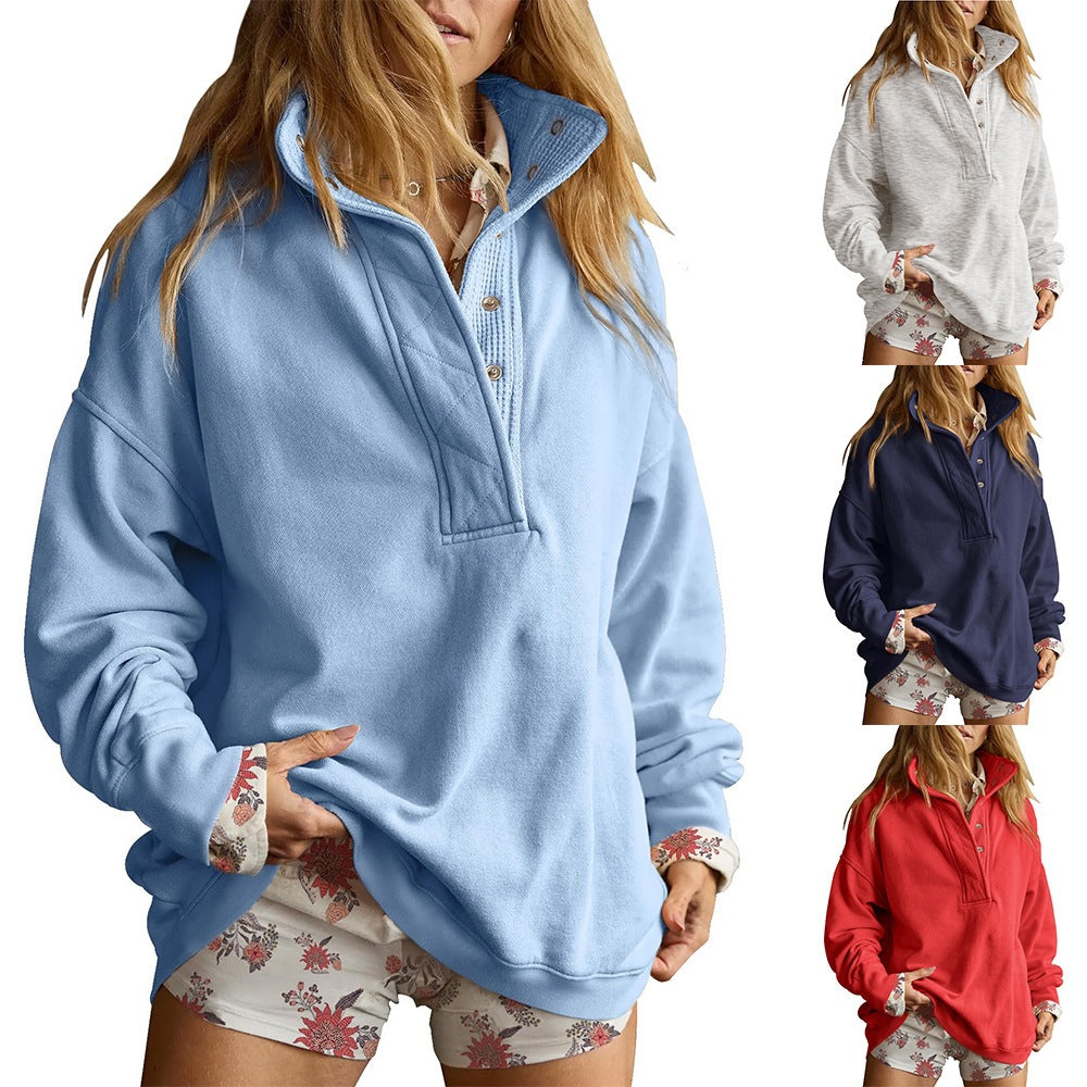Loose-fit long sleeve pullover sweatshirt with half-button collar, photo 1