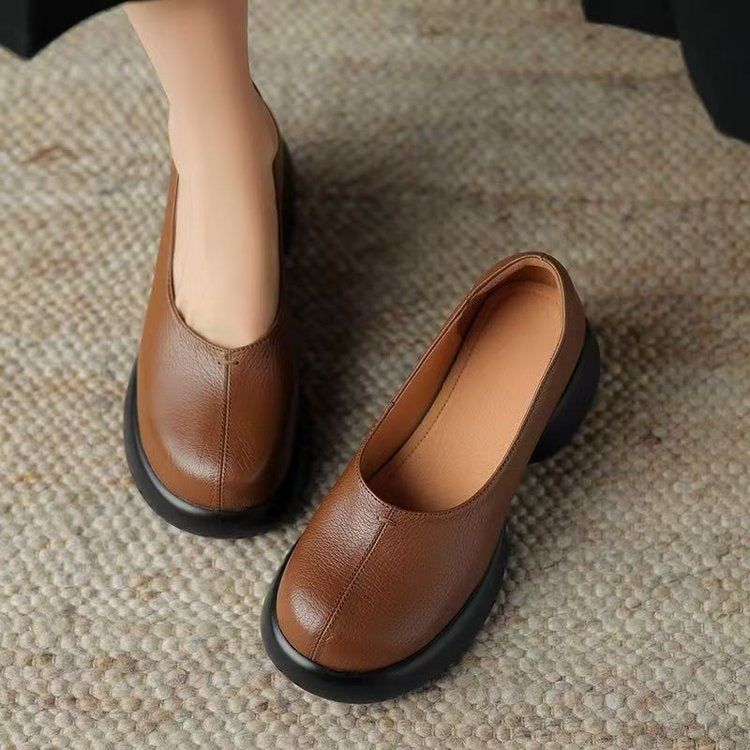 Womens Soft Sole Leather Loafers Thick Platform Chunky Heel Shoes