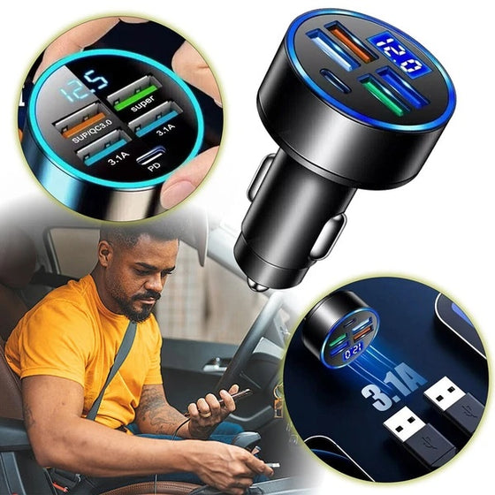 Car charger close-ups and a man charging a phone in his car