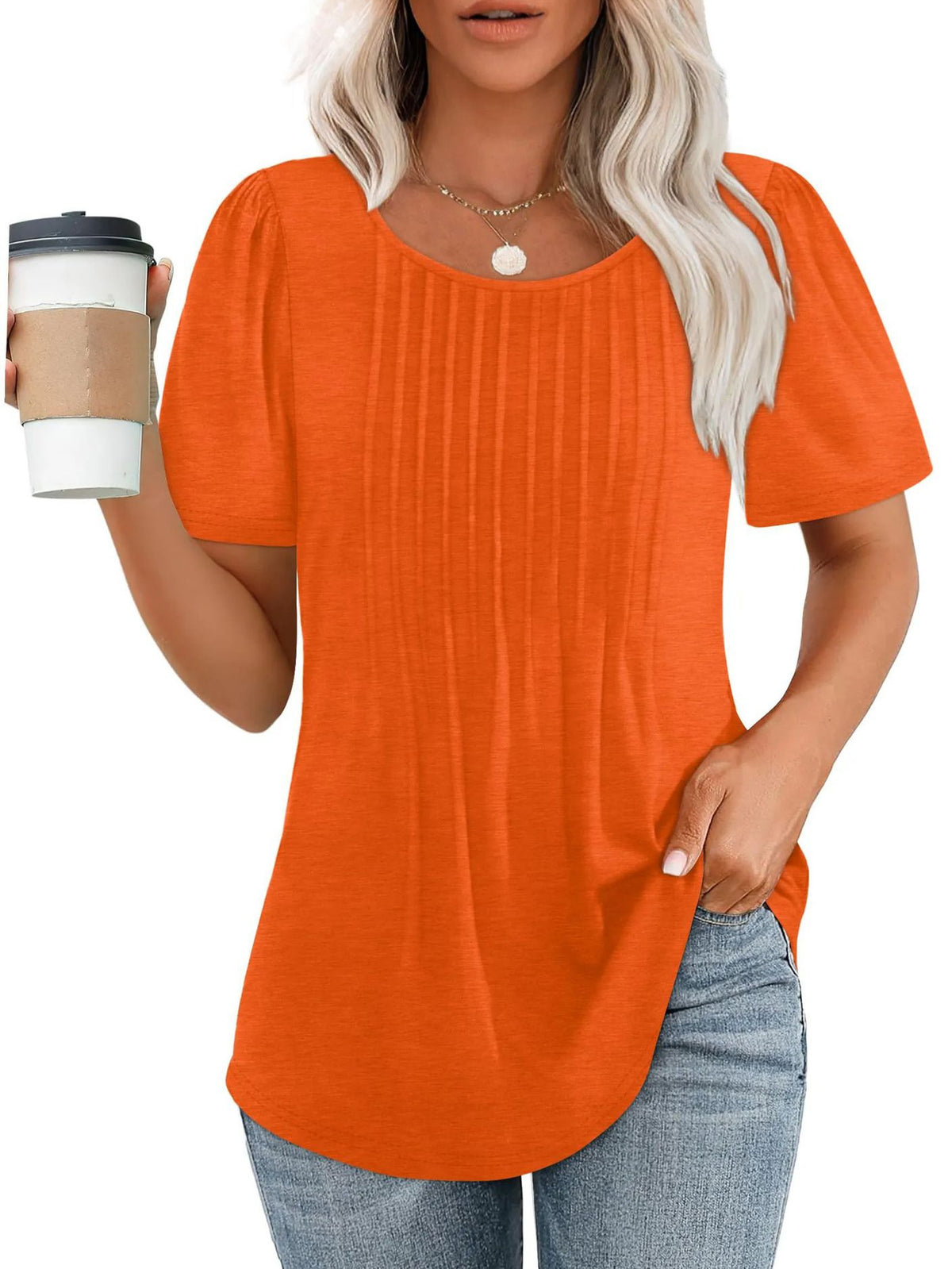 Womens Pleated Round Neck T-Shirt