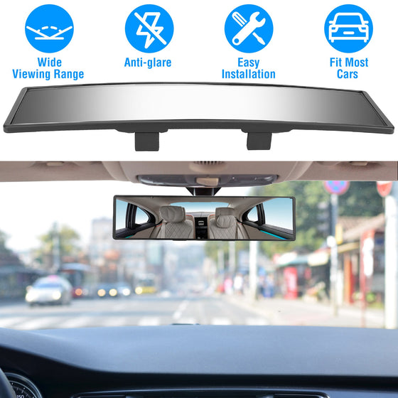 Panoramic rearview mirror with feature icons and road view