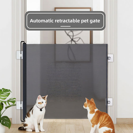 Two cats near an automatic retractable pet gate stretched across a doorway