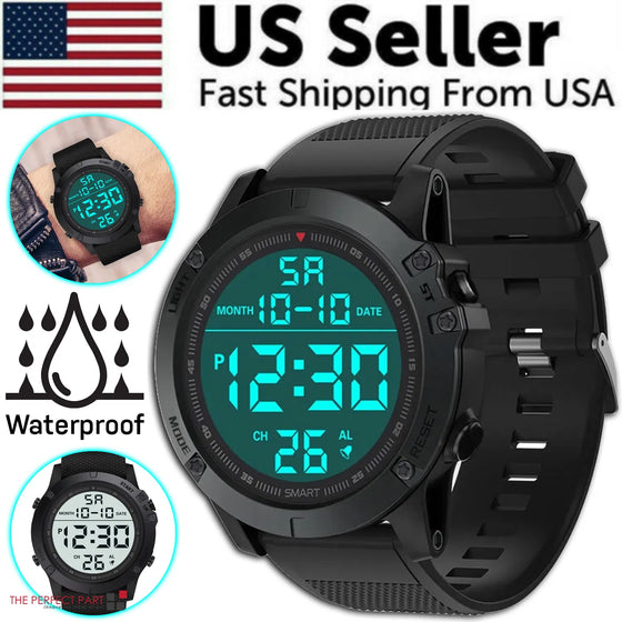 Black digital sports watch with water resistance icons and a lit display inset
